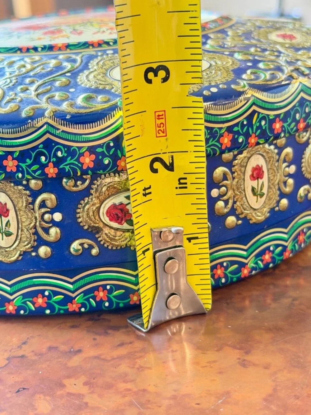 Vintage Container Holland Blue Gold Floral Round Cookie Tin 8”